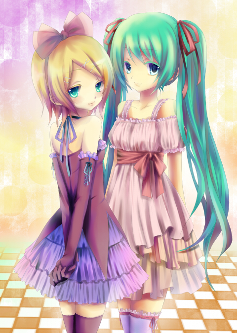 hatsune miku and kagamine rin (vocaloid) drawn by bushi