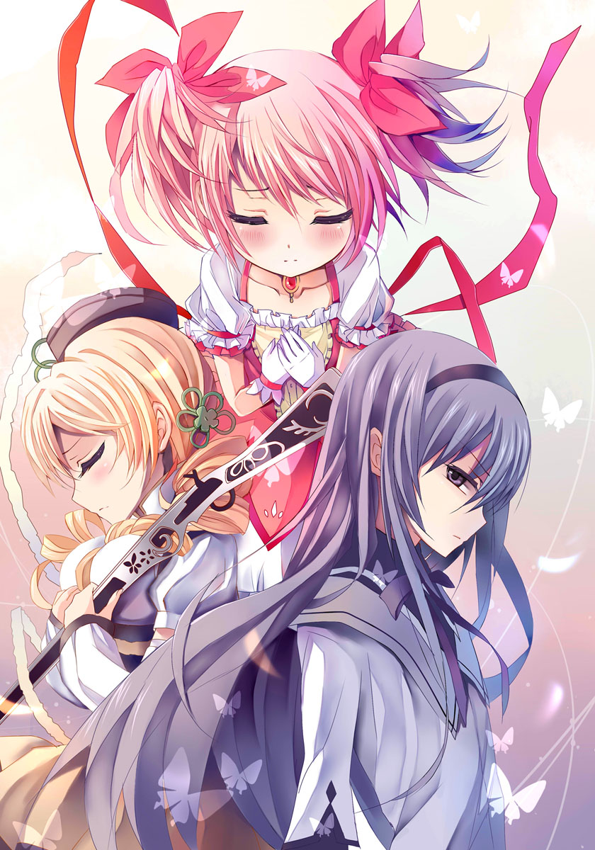 akemi homura, kaname madoka, and tomoe mami (mahou shoujo madoka magica) drawn by bobo_(pixiv1356313)