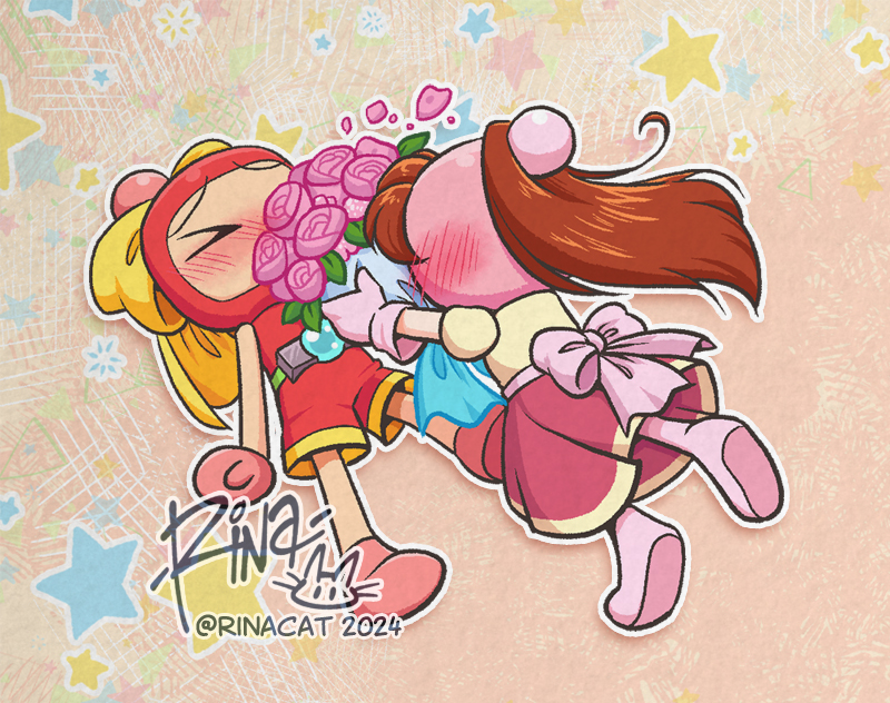 pink bomber and red bomber (bomberman and 1 more) drawn by rina_cat