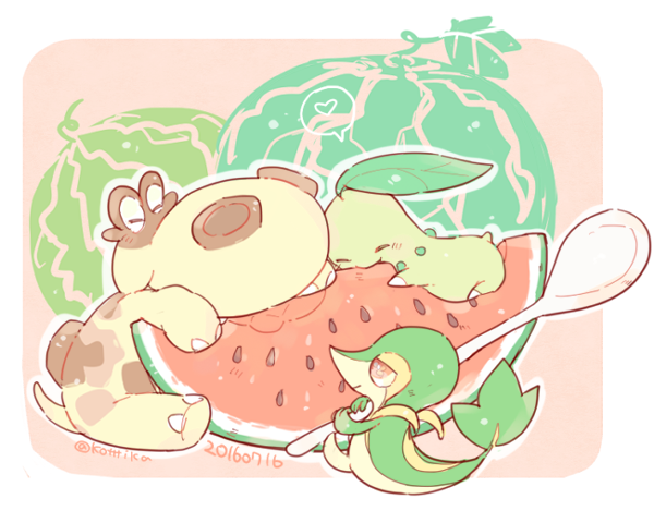 snivy, chikorita, and hippopotas (pokemon) drawn by katiko