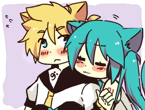 hatsune miku and kagamine len (vocaloid) drawn by hikusa