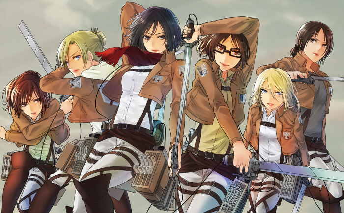 mikasa ackerman, krista lenz, ymir, annie leonhart, hange zoe, and 1 more (shingeki no kyojin) drawn by kanameyura