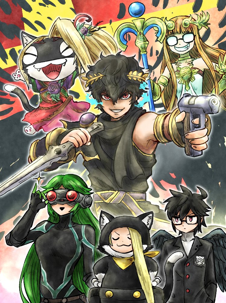 amamiya ren, palutena, sakura futaba, morgana, dark pit, and 1 more (persona and 4 more) drawn by kicdon
