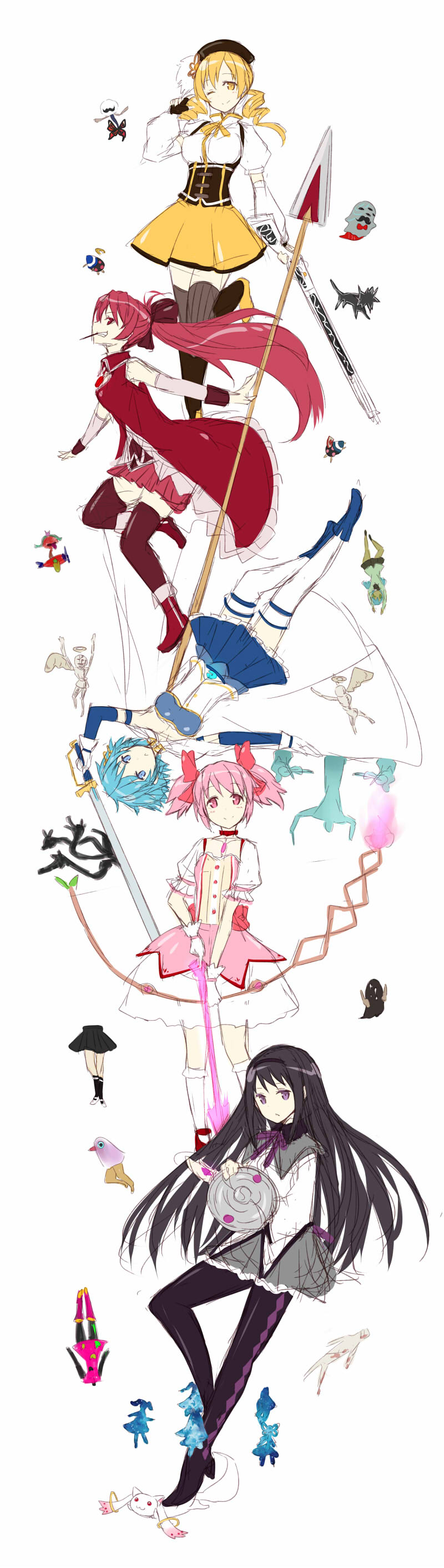 akemi homura, kaname madoka, miki sayaka, sakura kyoko, tomoe mami, and 1 more (mahou shoujo madoka magica and 1 more) drawn by nabeshima_tetsuhiro