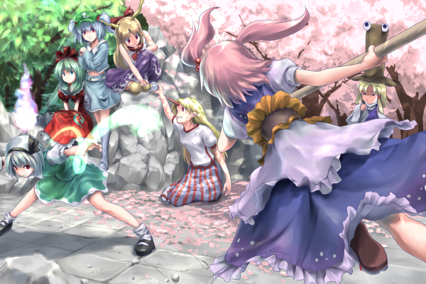 konpaku youmu, moriya suwako, kawashiro nitori, ibuki suika, kagiyama hina, and 3 more (touhou) drawn by eno_(whiskeyne)
