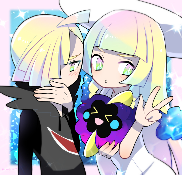 lillie, gladion, and cosmog (pokemon and 1 more) drawn by awayuki