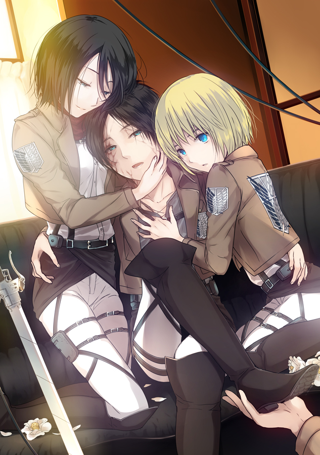 mikasa ackerman, eren yeager, and armin arlert (shingeki no kyojin) drawn by 3u