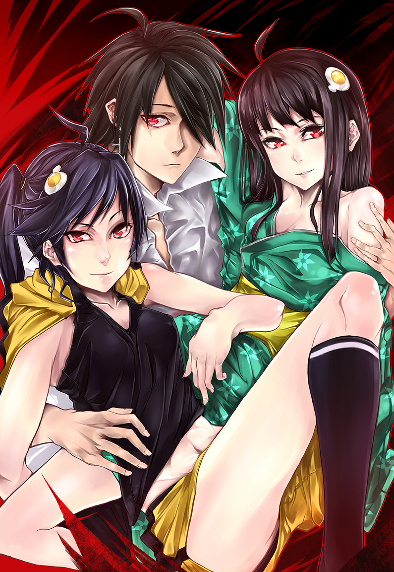 araragi koyomi, araragi karen, and araragi tsukihi (monogatari and 1 more) drawn by asuke_yuki