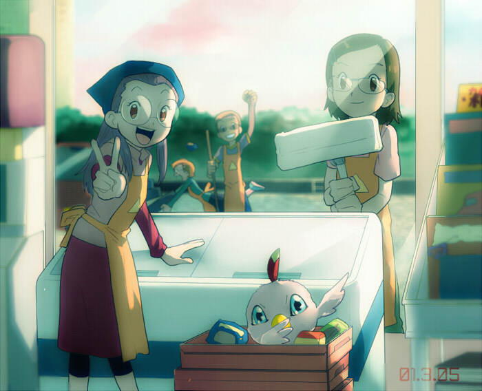 inoue miyako, poromon, inoue momoe, inoue mantarou, and inoue chizuru (digimon and 1 more) drawn by t_k_g