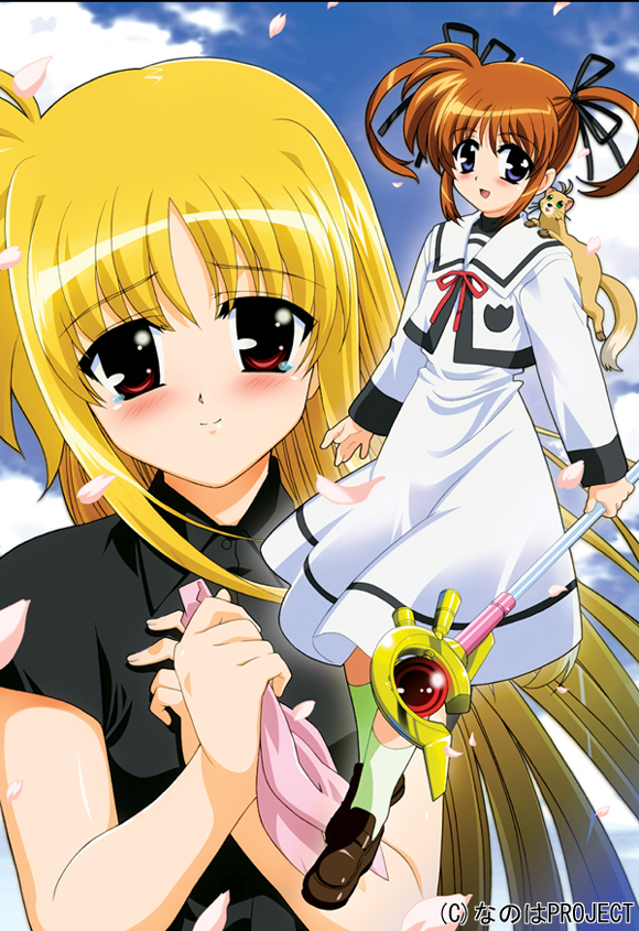 fate testarossa, takamachi nanoha, raising heart, and yuuno scrya (lyrical nanoha and 1 more) drawn by okuda_yasuhiro