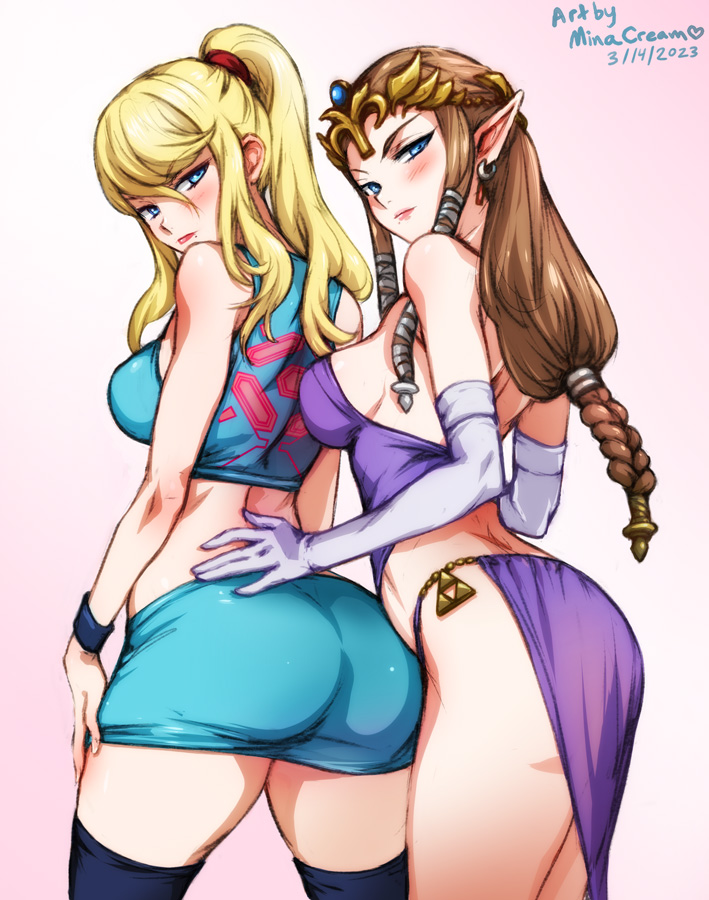 princess zelda and samus aran (the legend of zelda and 3 more) drawn by mina_cream