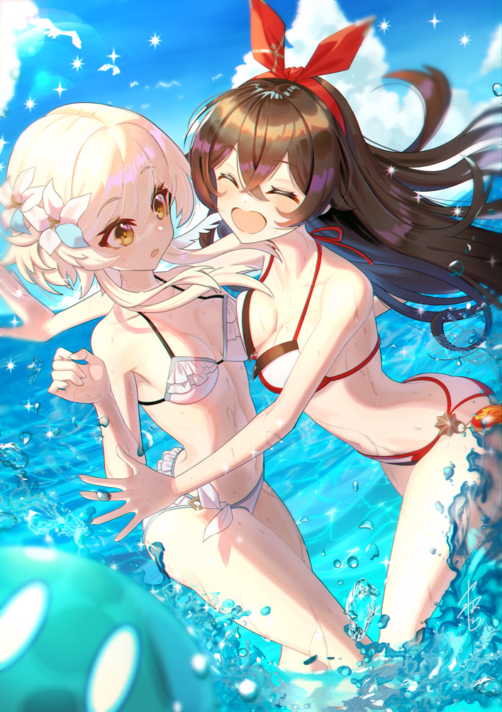 lumine, amber, slime, and hydro slime (genshin impact) drawn by yamahara