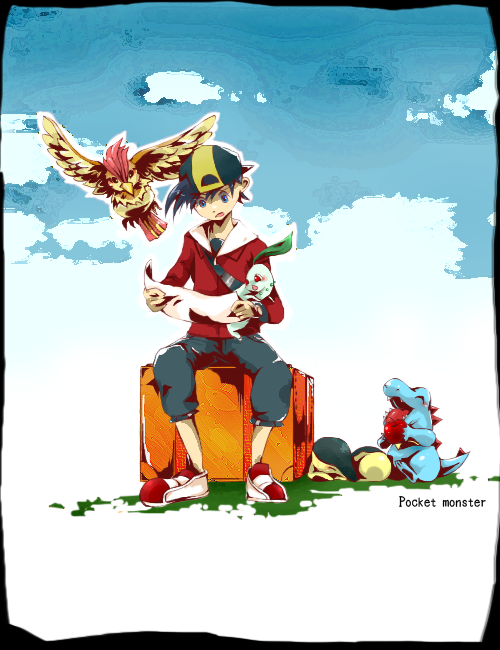 ethan, cyndaquil, chikorita, totodile, and pidgeotto (pokemon and 1 more) drawn by ecoro