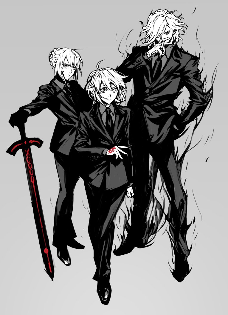 artoria pendragon, fujimaru ritsuka, saber alter, and edmond dantes (fate and 1 more) drawn by komiya_kuniharu