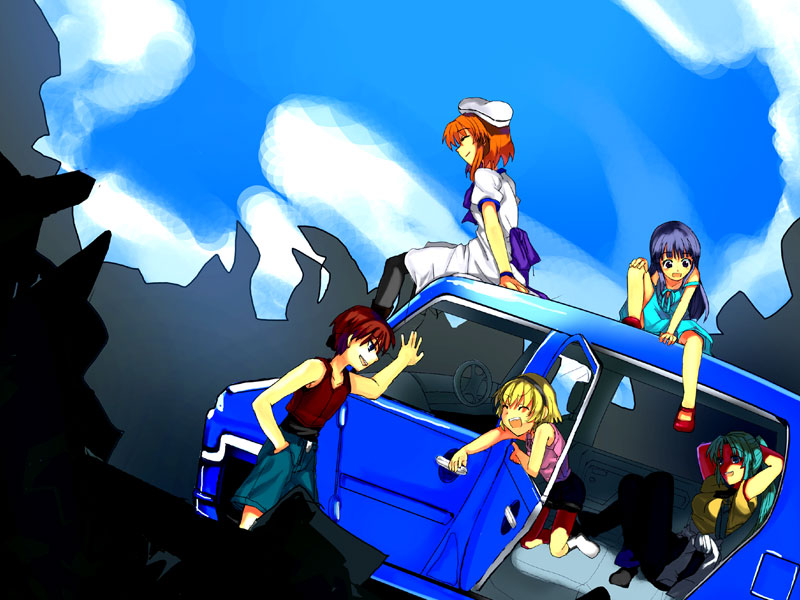 furude rika, ryuuguu rena, houjou satoko, sonozaki mion, and maebara keiichi (higurashi no naku koro ni) drawn by sora_(efr)