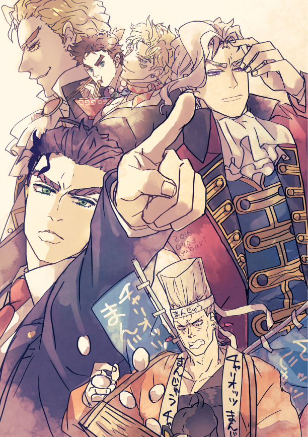 joseph joestar, kujo jotaro, dio brando, caesar anthonio zeppeli, kakyoin noriaki, and 8 more (jojo no kimyou na bouken and 3 more) drawn by gabari