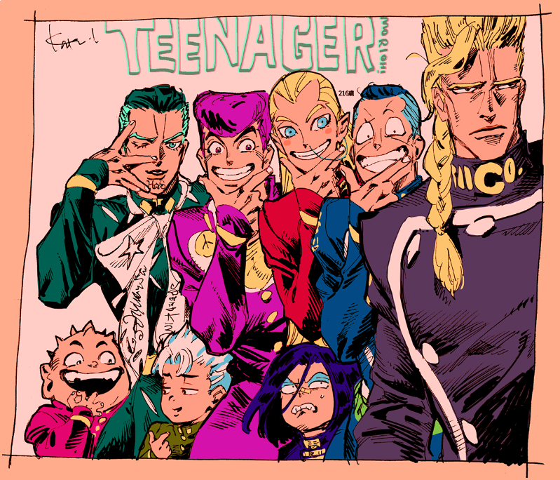 higashikata josuke, nijimura okuyasu, hirose koichi, hazekura mikitaka, nijimura keicho, and 3 more (jojo no kimyou na bouken and 1 more) drawn by kotteri