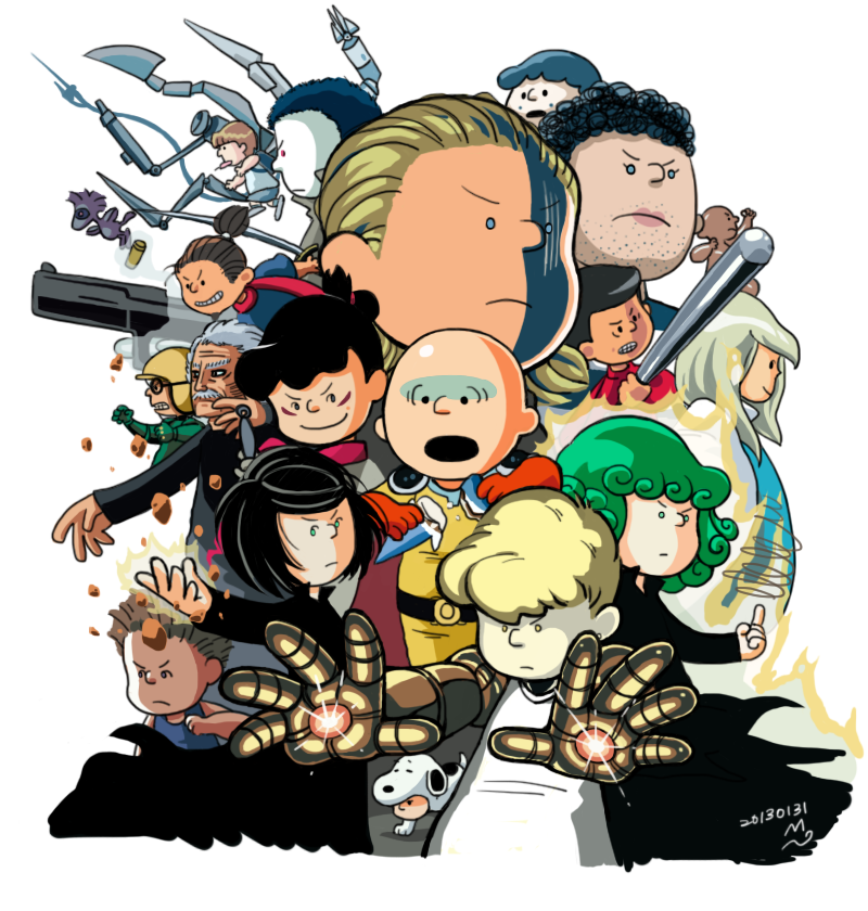 snoopy, woodstock, charlie brown, linus van pelt, peppermint patty, and 5 more (one-punch man and 1 more) drawn by meow_neuron