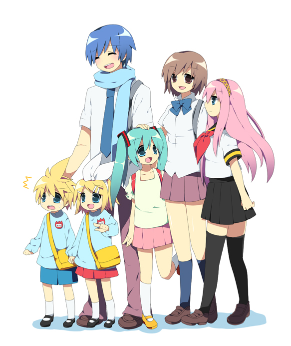 hatsune miku, kagamine rin, kagamine len, megurine luka, kaito, and 1 more (vocaloid) drawn by soranagi
