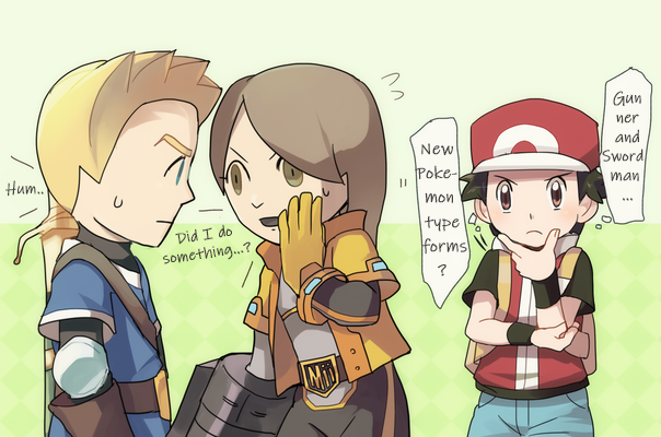 red, mii, mii gunner, and mii swordfighter (pokemon and 2 more) drawn by onomicha