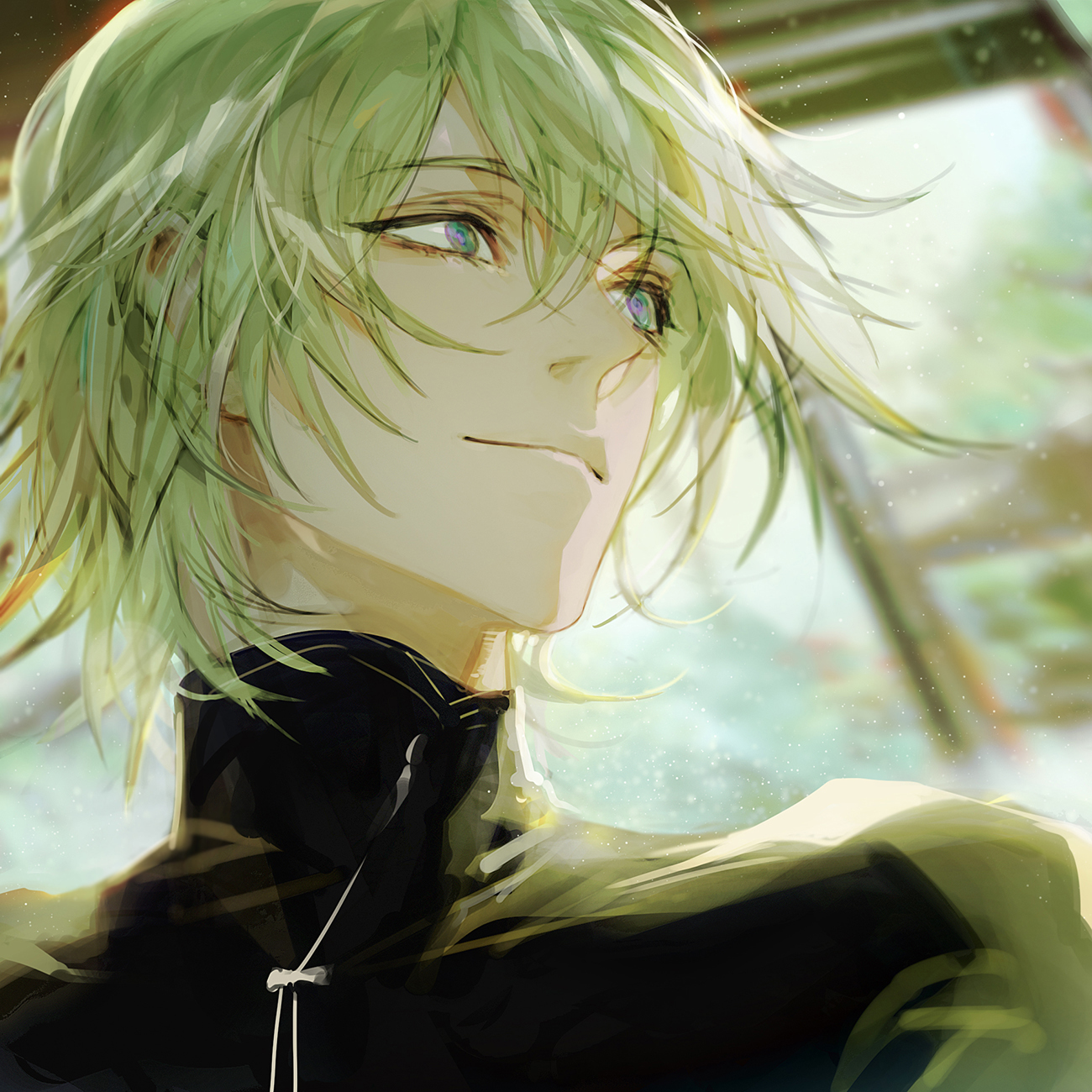 messy-rail589: Handsome hottie looking teenager boy that has a cool dark green  hair with lime color highlights and his deadly eyes are green.