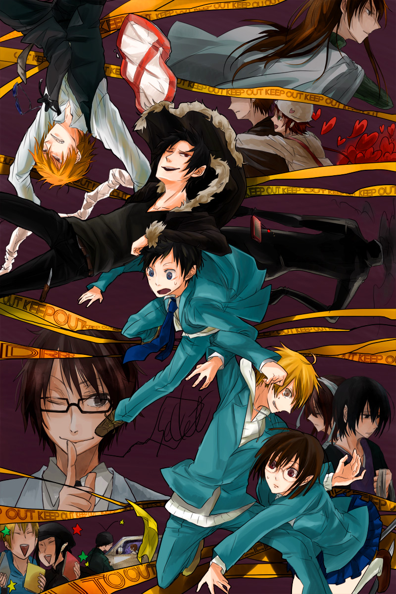 orihara izaya, sonohara anri, heiwajima shizuo, celty sturluson, ryuugamine mikado, and 11 more (durarara!!) drawn by abx_(kabu)