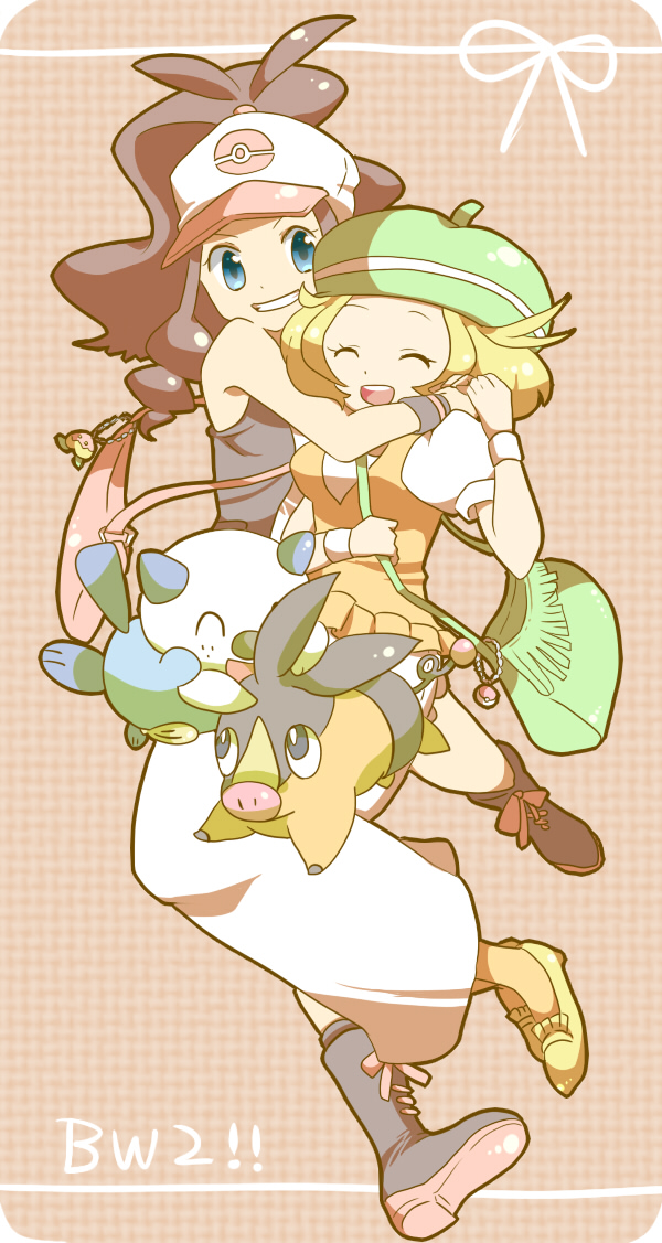 hilda, oshawott, bianca, and tepig (pokemon and 1 more) drawn by nago_celica