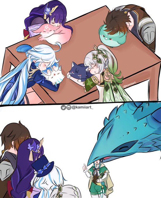 raiden shogun, furina, yae miko, nahida, zhongli, and 5 more (genshin impact) drawn by kamiiart