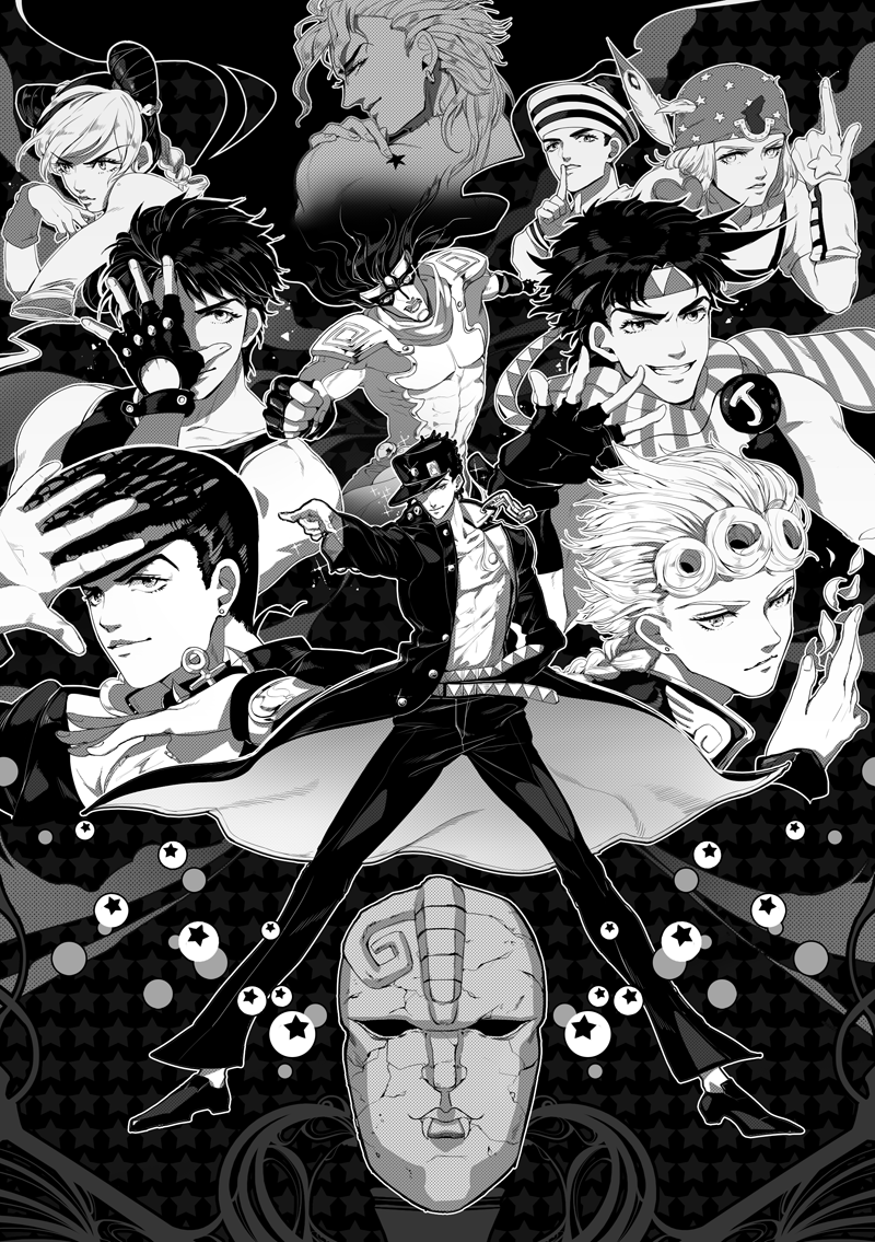joseph joestar, kujo jotaro, dio brando, kujo jolyne, giorno giovanna, and 4 more (jojo no kimyou na bouken and 8 more) drawn by pino_0_0