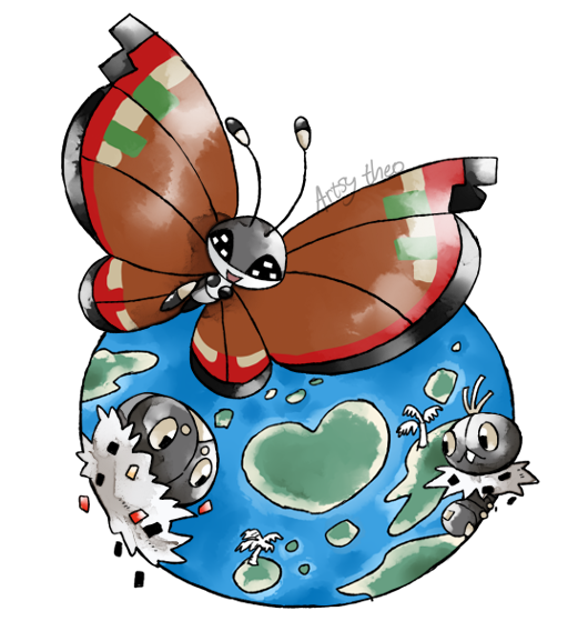 vivillon, spewpa, and scatterbug (pokemon) drawn by artsy-theo