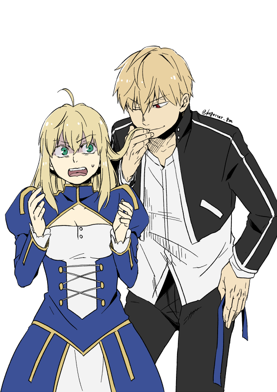 artoria pendragon, saber, and gilgamesh (fate and 1 more) drawn by moonlight_0423