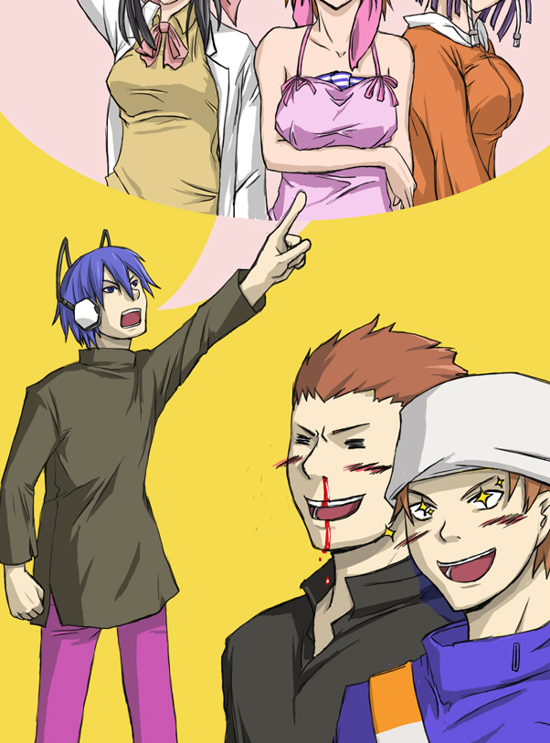 tanigawa yuzu, protagonist, kuzuryuu amane, kihara atsurou, mochizuki mari, and 1 more (devil survivor and 1 more) drawn by izumo_k