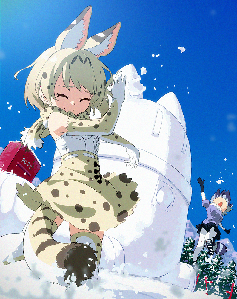 serval, common raccoon, lucky beast, and white serval (kemono friends) drawn by tomato_(lsj44867)