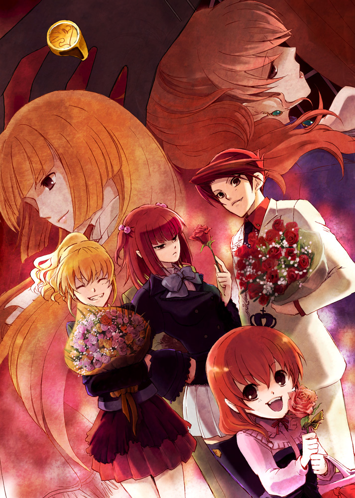 ushiromiya battler, ushiromiya ange, ushiromiya maria, ushiromiya jessica, ushiromiya natsuhi, and 1 more (umineko no naku koro ni) drawn by yamato_(inraitei)