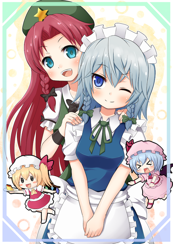 remilia scarlet, flandre scarlet, izayoi sakuya, and hong meiling (touhou) drawn by konatsu_hisagi