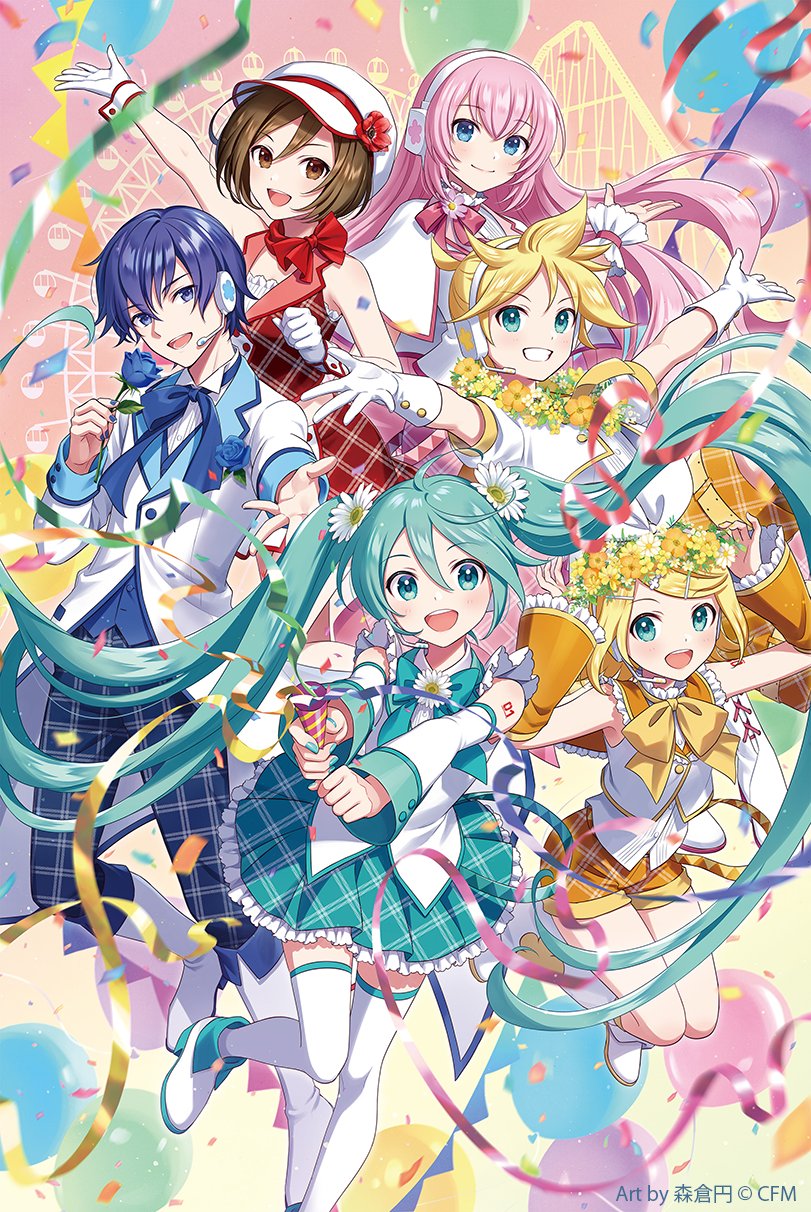 hatsune miku, kagamine rin, kagamine len, megurine luka, kaito, and 1 more (vocaloid and 1 more) drawn by morikura_en
