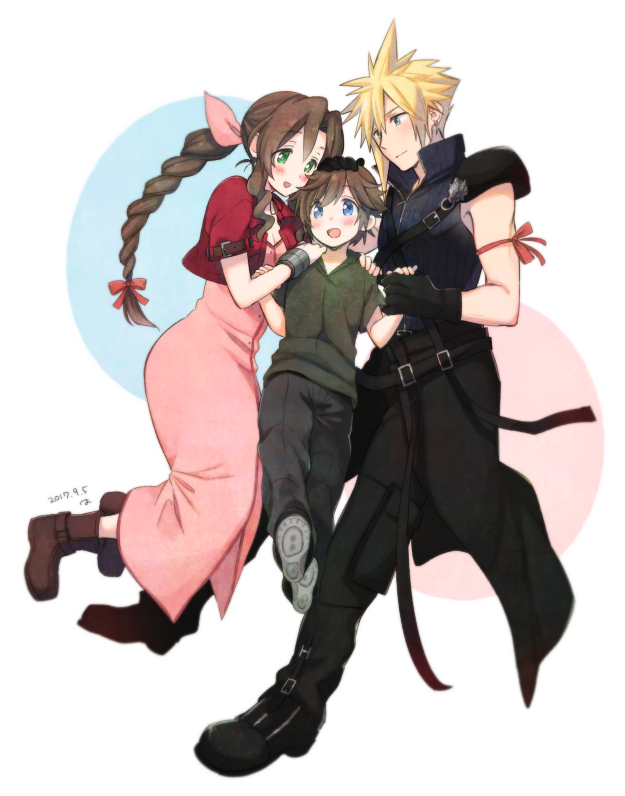 cloud strife, aerith gainsborough, and denzel (final fantasy and 2 more) drawn by krudears
