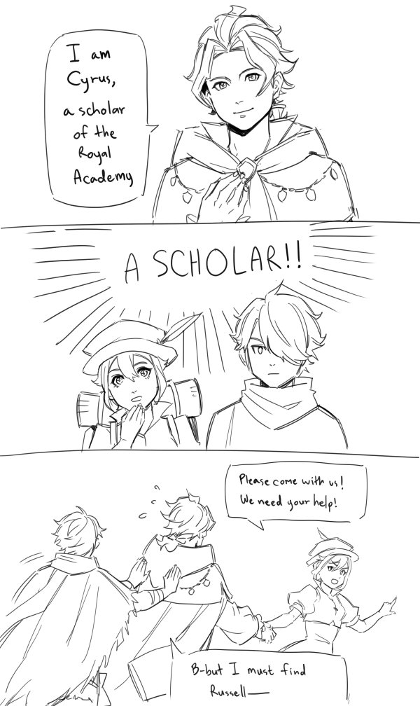 therion, tressa colzione, and cyrus albright (octopath traveler and 1 more) drawn by mella