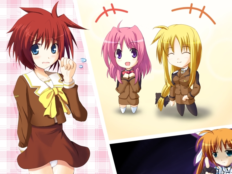fate testarossa, takamachi nanoha, caro ru lushe, and erio mondial (lyrical nanoha and 1 more) drawn by kokage_(next_nest)