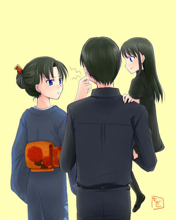 ryougi shiki, kokutou mikiya, and ryougi mana (kara no kyoukai) drawn by akasuga_moyashi