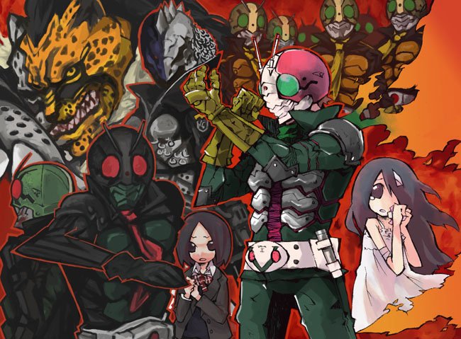 kamen rider 1, kamen rider 2, kamen rider v3, shocker rider, scissors jaguar, and 1 more (kamen rider and 2 more) drawn by kuma_jet