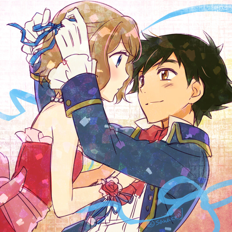 ash ketchum and serena (pokemon and 1 more) drawn by kanimaru