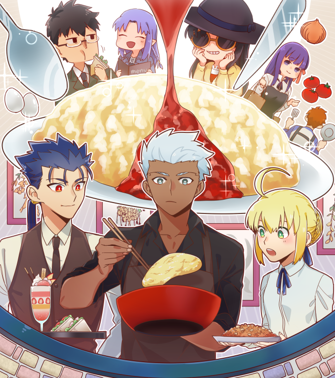 artoria pendragon, saber, emiya shirou, matou sakura, cu chulainn, and 3 more (fate and 1 more) drawn by kiyoshita