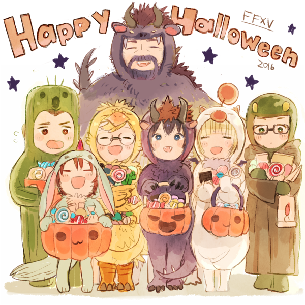 moogle, noctis lucis caelum, gladiolus amicitia, prompto argentum, ignis scientia, and 7 more (final fantasy and 1 more) drawn by pomiko