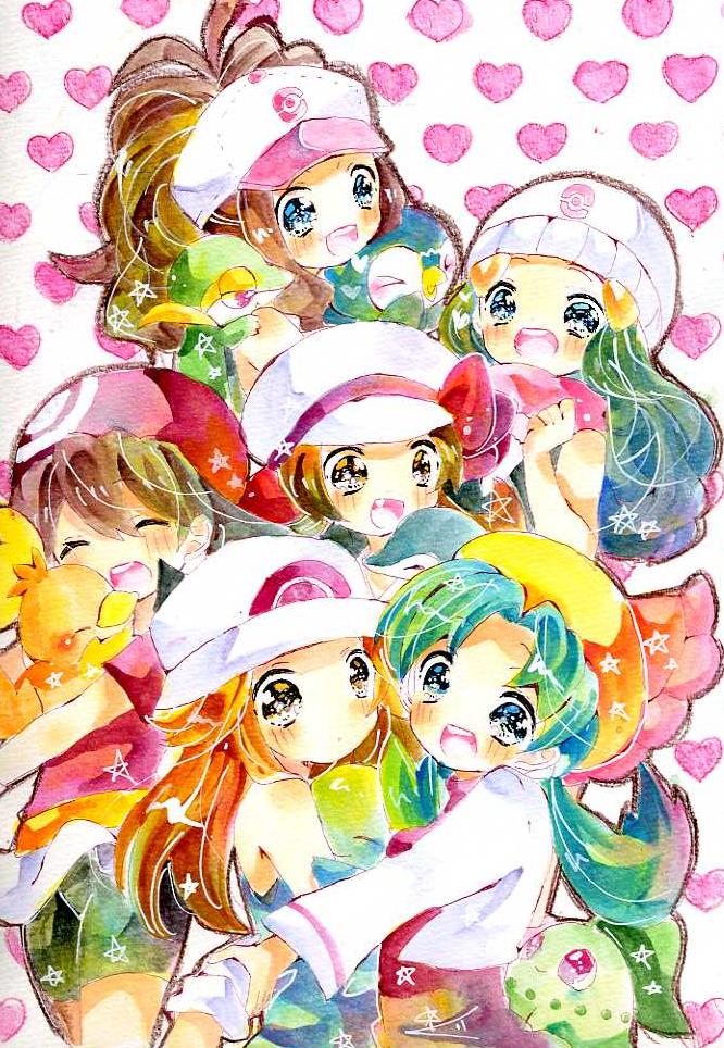 dawn, may, hilda, piplup, leaf, and 7 more (pokemon and 6 more) drawn by nekoto_rina