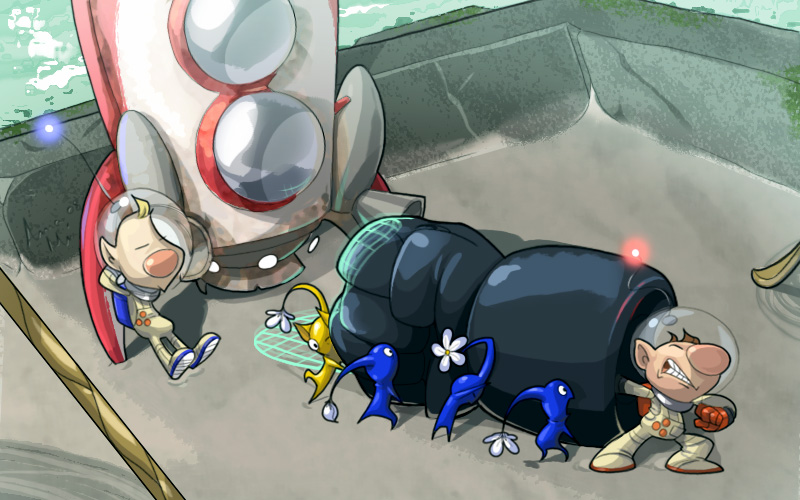olimar, yellow pikmin, blue pikmin, and louie (pikmin and 1 more) drawn by deadlyflume