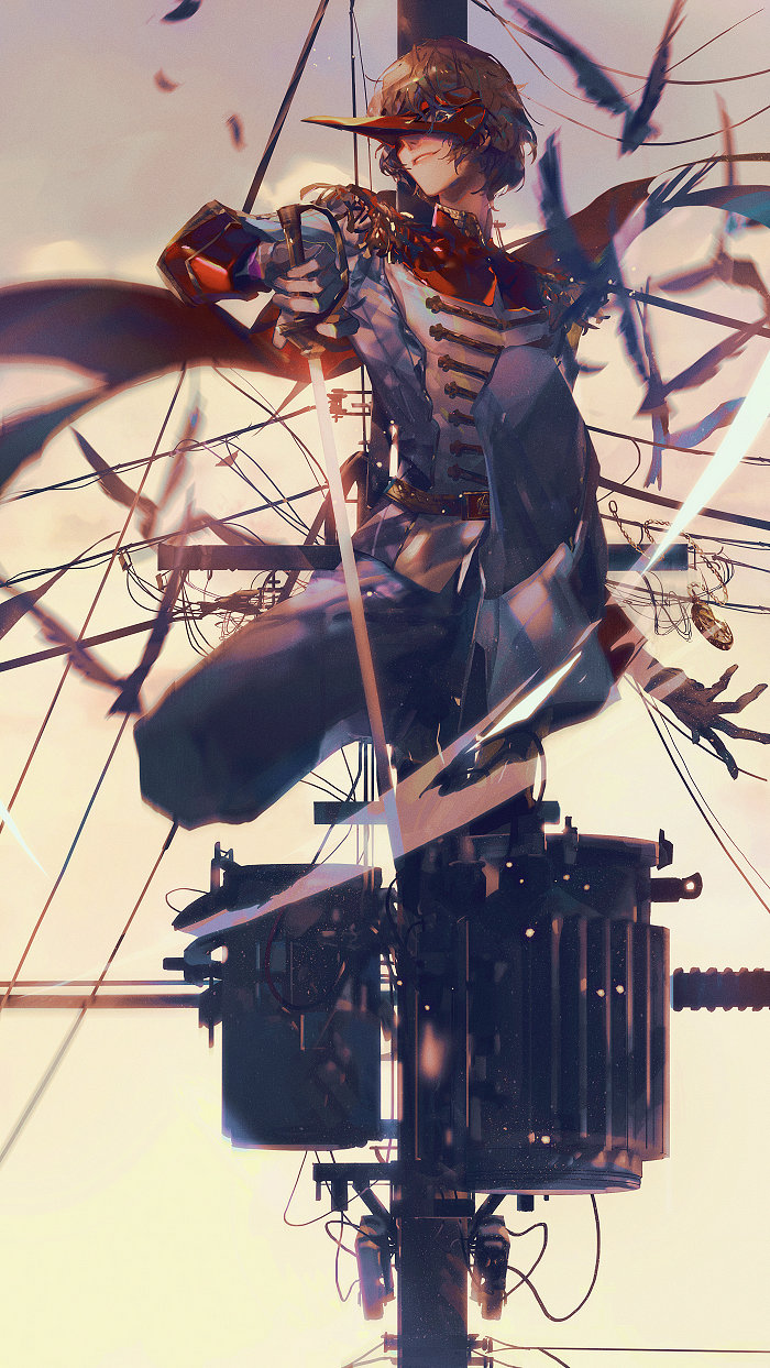 akechi gorou and crow (persona and 2 more) drawn by mian_lang