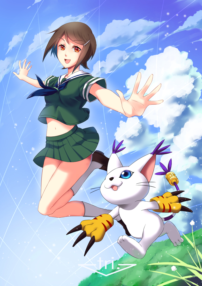 yagami hikari and tailmon (digimon and 2 more) drawn by jh