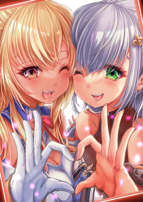 shirogane noel and shiranui flare (hololive) drawn by odango_necco
