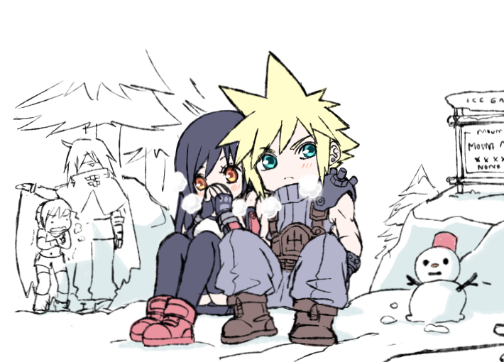 tifa lockhart, cloud strife, yuffie kisaragi, and vincent valentine (final fantasy and 2 more) drawn by tifa_redeye